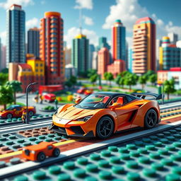 A delightful concept art image showcasing a curvy sports car set against a vibrant cityscape rendered in LEGO style