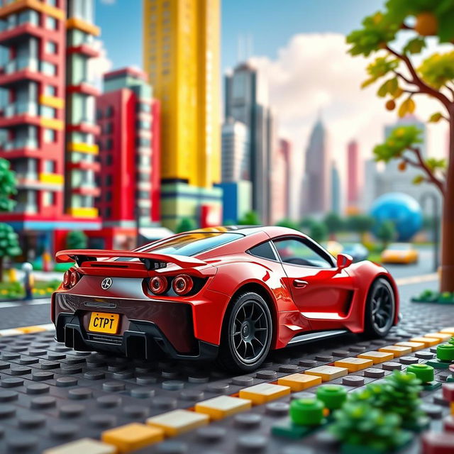 A delightful concept art image showcasing a curvy sports car set against a vibrant cityscape rendered in LEGO style