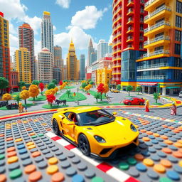 A delightful concept art image showcasing a curvy sports car set against a vibrant cityscape rendered in LEGO style