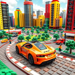 A delightful concept art image showcasing a curvy sports car set against a vibrant cityscape rendered in LEGO style