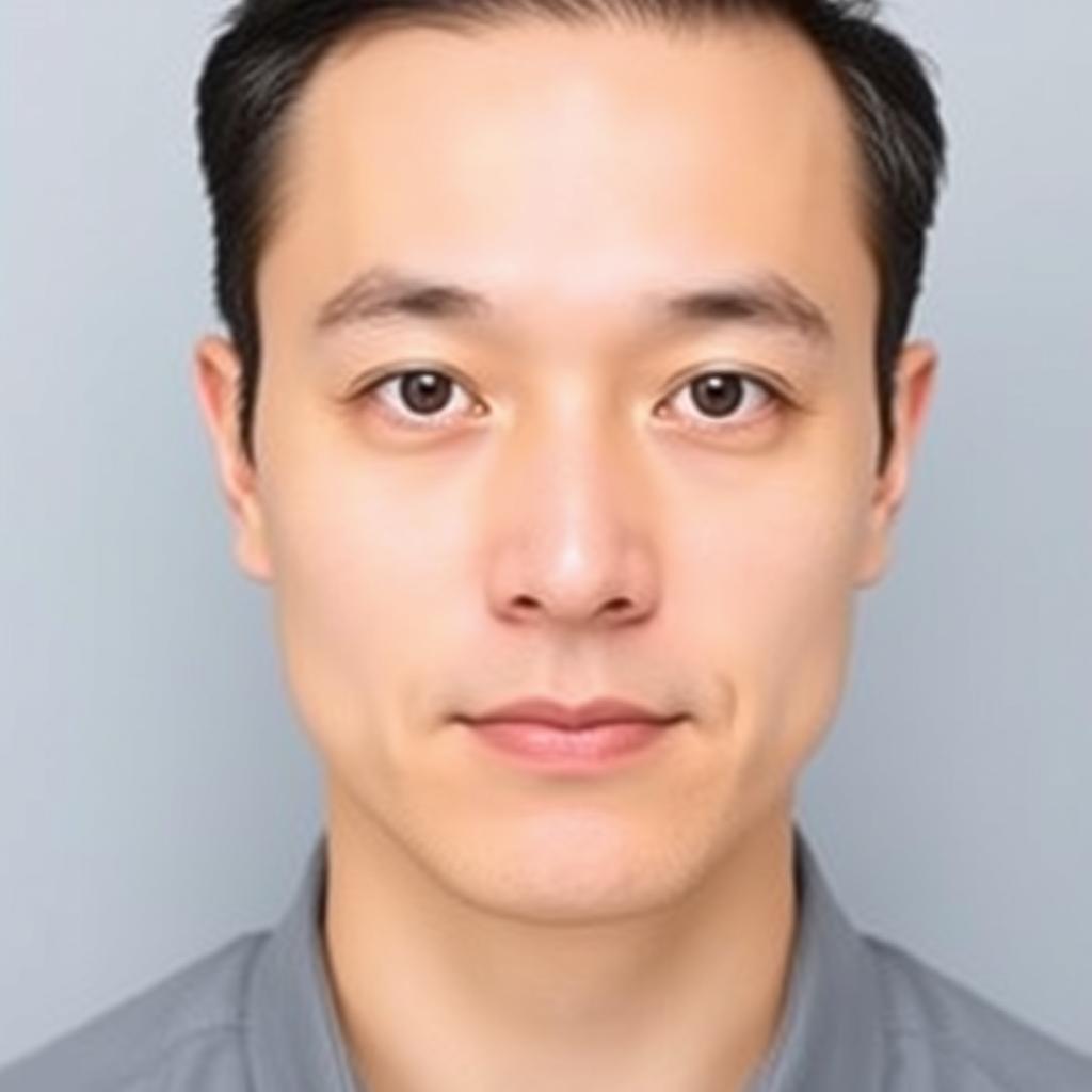 A professional passport photo featuring a person with a neutral expression, facing forward, eyes open, and mouth closed