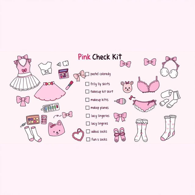 A vibrant and whimsical illustration of a 'Pink Sissy Checklist' that features various playful items related to a sissy aesthetic