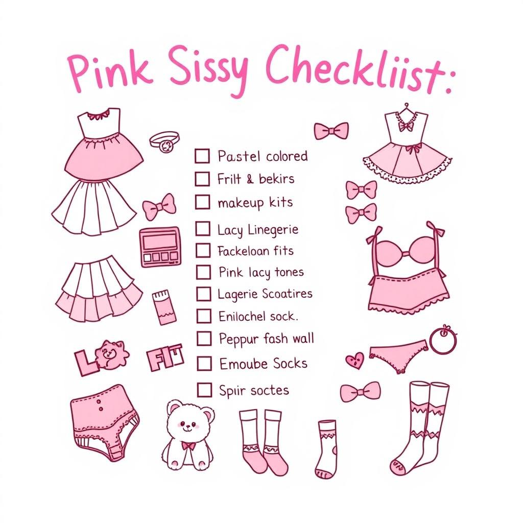 A vibrant and whimsical illustration of a 'Pink Sissy Checklist' that features various playful items related to a sissy aesthetic