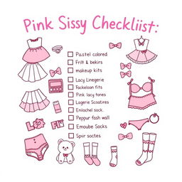 A vibrant and whimsical illustration of a 'Pink Sissy Checklist' that features various playful items related to a sissy aesthetic