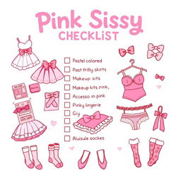 A vibrant and whimsical illustration of a 'Pink Sissy Checklist' that features various playful items related to a sissy aesthetic