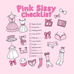A vibrant and whimsical illustration of a 'Pink Sissy Checklist' that features various playful items related to a sissy aesthetic