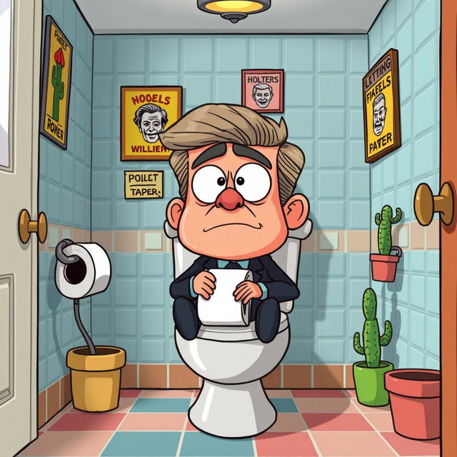 A humorous cartoon depiction of a character resembling a world leader sitting on a toilet, looking confused and frustrated as he realizes there is no toilet paper