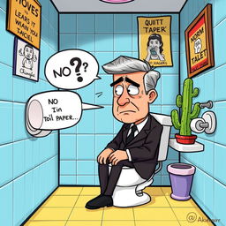 A humorous cartoon depiction of a character resembling a world leader sitting on a toilet, looking confused and frustrated as he realizes there is no toilet paper