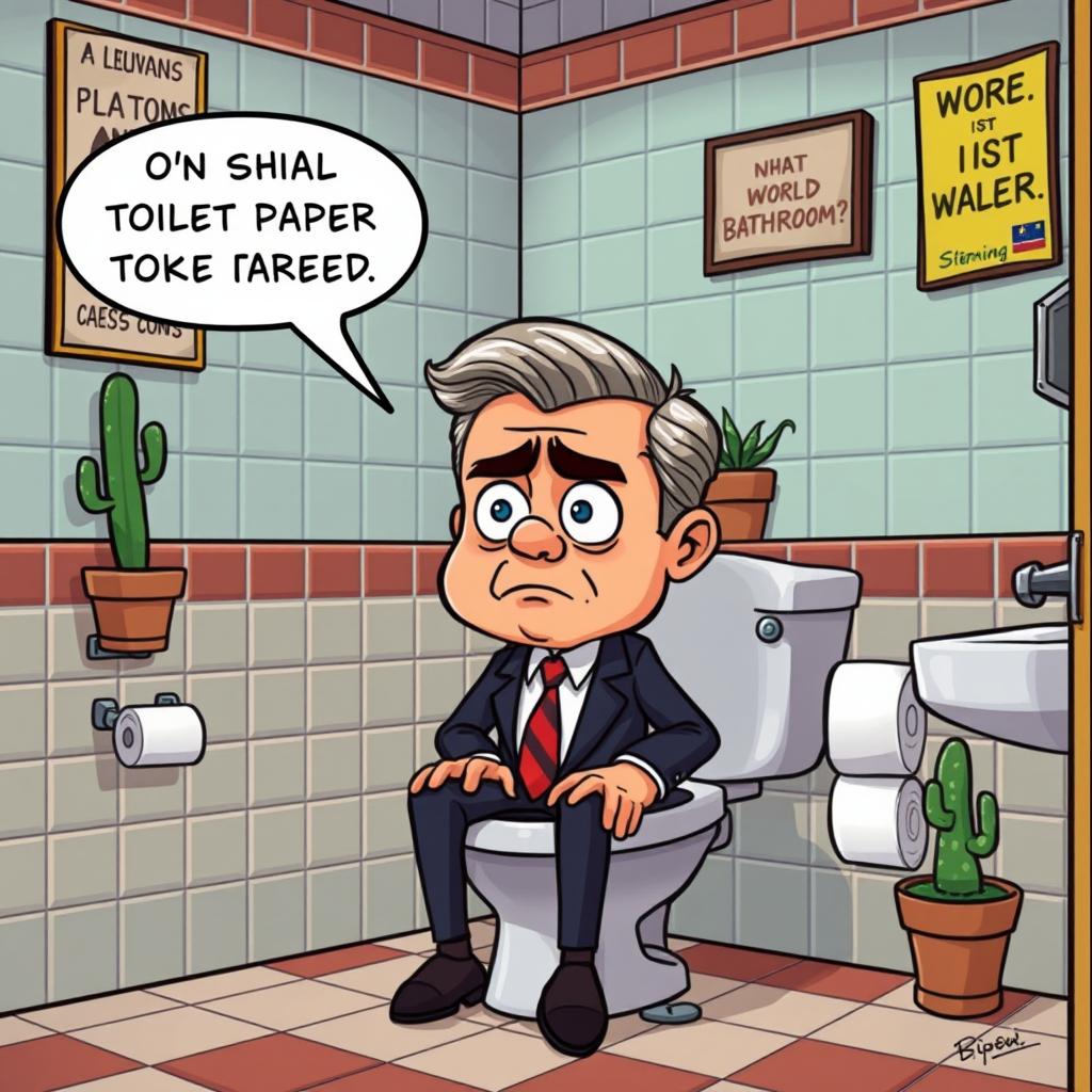 A humorous cartoon depiction of a character resembling a world leader sitting on a toilet, looking confused and frustrated as he realizes there is no toilet paper