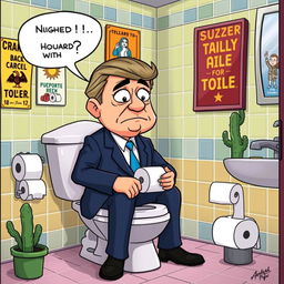 A humorous cartoon depiction of a character resembling a world leader sitting on a toilet, looking confused and frustrated as he realizes there is no toilet paper