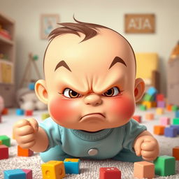 A cartoonish scene of an adorable baby with bright, exaggerated facial features showing a fierce expression, furrowed brows, and puffed cheeks