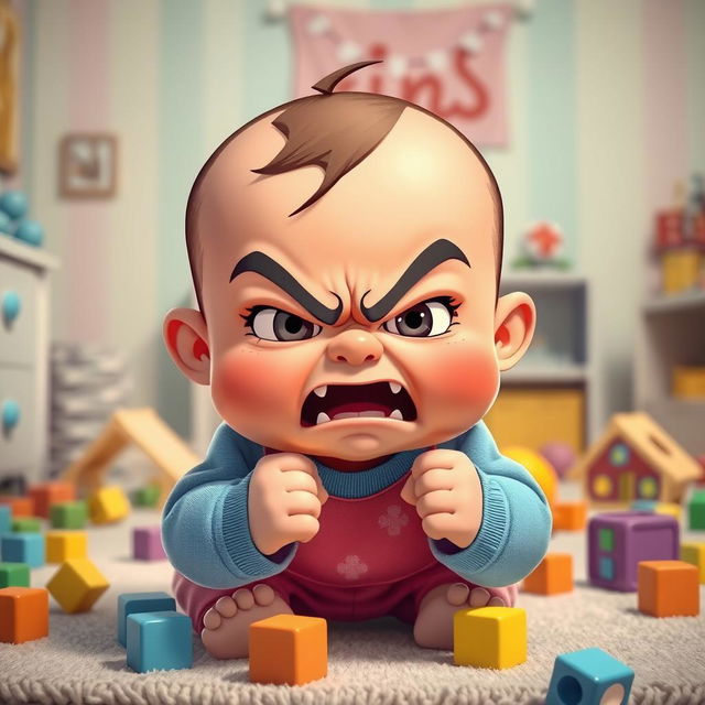 A cartoonish scene of an adorable baby with bright, exaggerated facial features showing a fierce expression, furrowed brows, and puffed cheeks