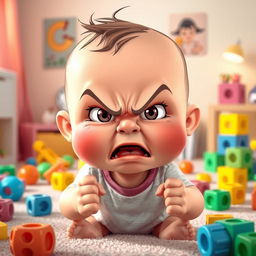 A cartoonish scene of an adorable baby with bright, exaggerated facial features showing a fierce expression, furrowed brows, and puffed cheeks