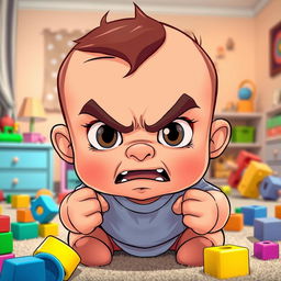 A cartoonish scene of an adorable baby with bright, exaggerated facial features showing a fierce expression, furrowed brows, and puffed cheeks