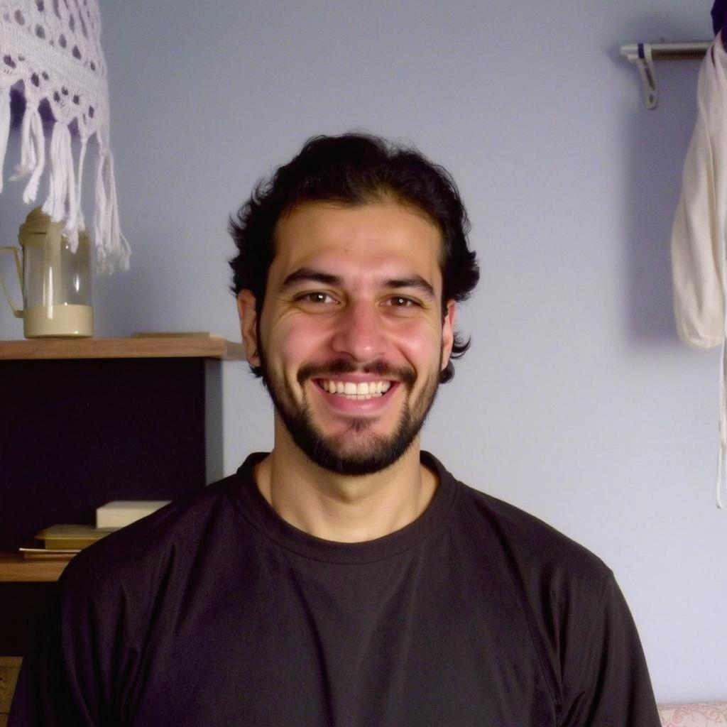 A simple, professional passport-style photo of a young man with medium-length black hair and a well-groomed beard, wearing a plain black t-shirt