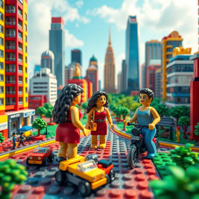 A lively concept art image depicting curvy women in a vibrant cityscape rendered in LEGO style