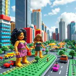 A lively concept art image depicting curvy women in a vibrant cityscape rendered in LEGO style