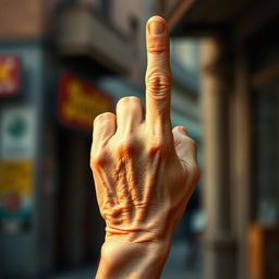 An elderly hand prominently raising the middle finger in a rebellious gesture, showcasing detailed wrinkles and age spots