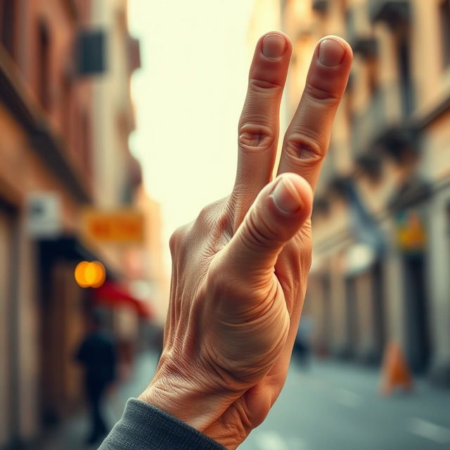 An elderly hand prominently raising the middle finger in a rebellious gesture, showcasing detailed wrinkles and age spots