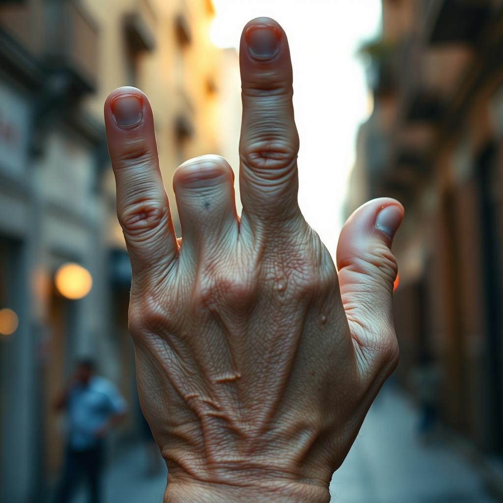 An elderly hand prominently raising the middle finger in a rebellious gesture, showcasing detailed wrinkles and age spots