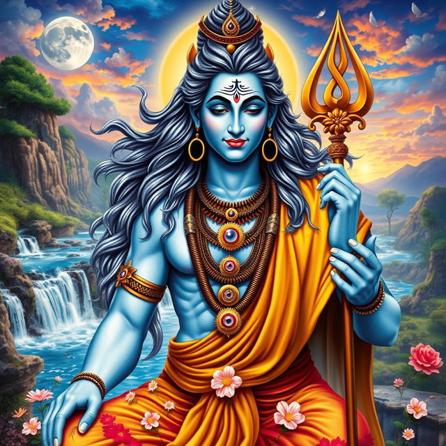 A highly detailed and vibrant depiction of Mahadev (Shiva), the Hindu god, in a serene and majestic pose