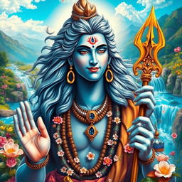 A highly detailed and vibrant depiction of Mahadev (Shiva), the Hindu god, in a serene and majestic pose
