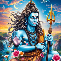 A highly detailed and vibrant depiction of Mahadev (Shiva), the Hindu god, in a serene and majestic pose
