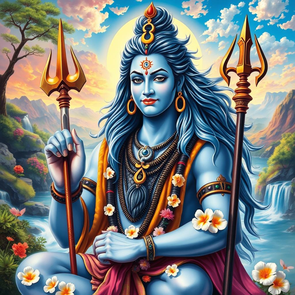 A highly detailed and vibrant depiction of Mahadev (Shiva), the Hindu god, in a serene and majestic pose