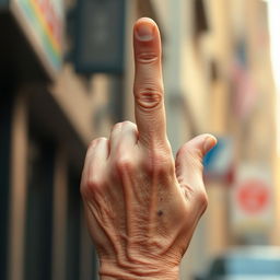 An elderly hand prominently raising the middle finger in a rebellious gesture, showcasing detailed wrinkles and age spots on the skin
