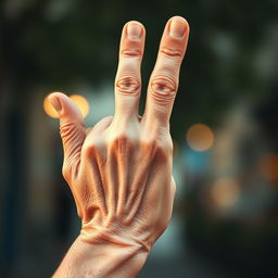 An elderly hand prominently raising the middle finger in a rebellious gesture, showcasing detailed wrinkles and age spots on the skin