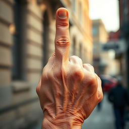 An elderly hand prominently raising the middle finger in a rebellious gesture, showcasing detailed wrinkles and age spots on the skin