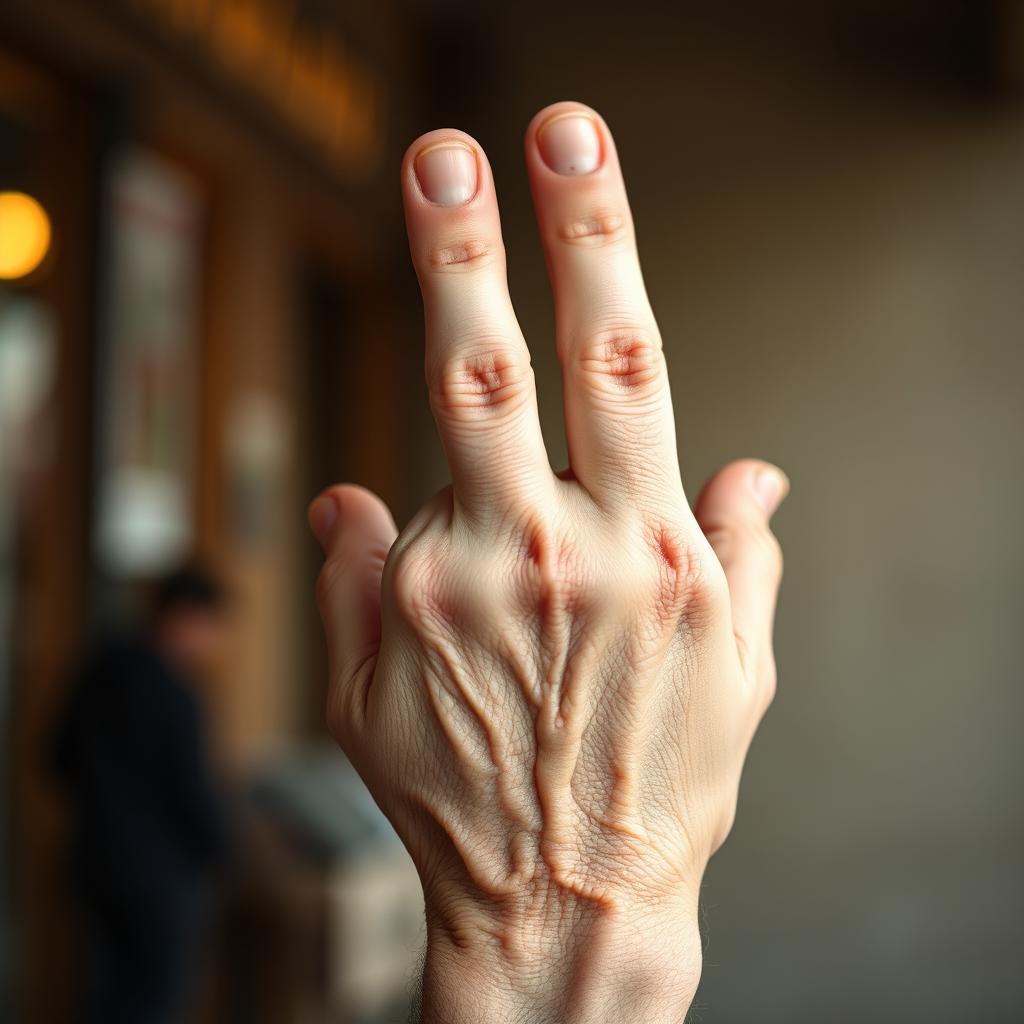 An elderly hand prominently raising the middle finger in a rebellious gesture, showcasing detailed wrinkles and age spots on the skin