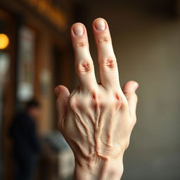 An elderly hand prominently raising the middle finger in a rebellious gesture, showcasing detailed wrinkles and age spots on the skin
