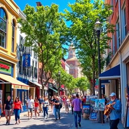 a bustling street scene, showcasing vibrant urban life, with people walking, colorful storefronts, and trees lining the sidewalks under a bright blue sky, a cafe with outdoor seating, artists displaying their work, and a street musician playing a guitar