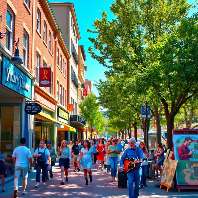 a bustling street scene, showcasing vibrant urban life, with people walking, colorful storefronts, and trees lining the sidewalks under a bright blue sky, a cafe with outdoor seating, artists displaying their work, and a street musician playing a guitar