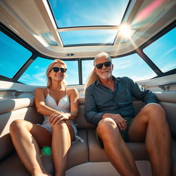 Inside a luxurious boat, an elegant man over 60 years old, fit and stylish, is sitting alongside a young blonde woman aged 18