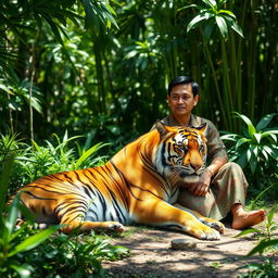 A serene scene featuring an Indonesian man sitting comfortably next to a majestic tiger in a lush, tropical forest environment