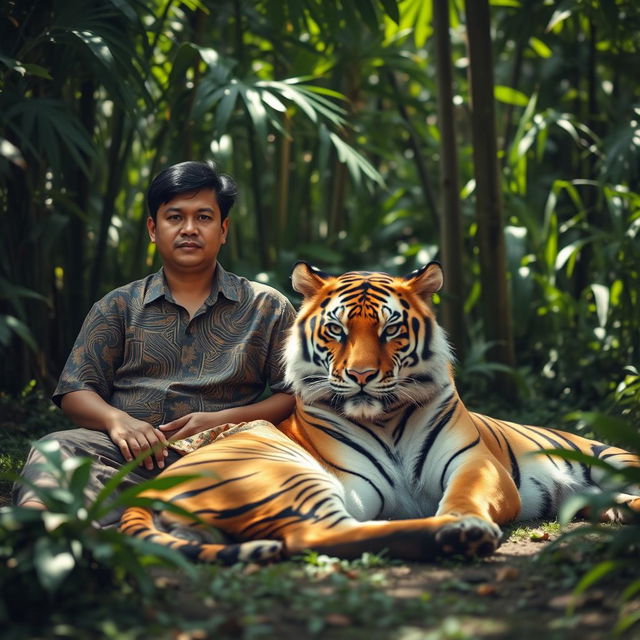 A serene scene featuring an Indonesian man sitting comfortably next to a majestic tiger in a lush, tropical forest environment