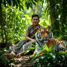 A serene scene featuring an Indonesian man sitting comfortably next to a majestic tiger in a lush, tropical forest environment