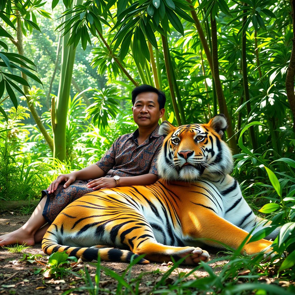 A serene scene featuring an Indonesian man sitting comfortably next to a majestic tiger in a lush, tropical forest environment