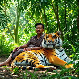 A serene scene featuring an Indonesian man sitting comfortably next to a majestic tiger in a lush, tropical forest environment