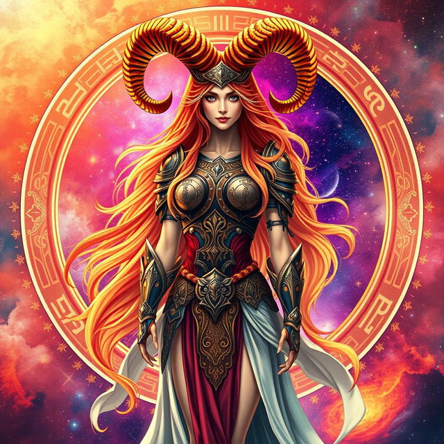 A stunning visual representation of an Aries goddess, embodying the essence of the zodiac sign