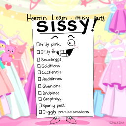 A humorous and whimsical checklist for a character dressing up as a 'sissy'