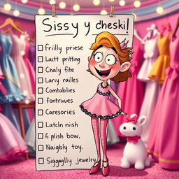 A humorous and whimsical checklist for a character dressing up as a 'sissy'