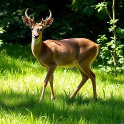 A serene scene featuring a graceful deer standing on lush green grass that perfectly matches the vibrant color of the leaves at its legs