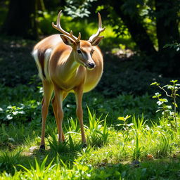 A serene scene featuring a graceful deer standing on lush green grass that perfectly matches the vibrant color of the leaves at its legs
