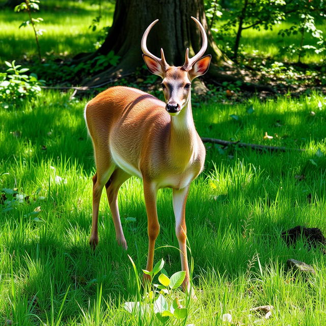 A serene scene featuring a graceful deer standing on lush green grass that perfectly matches the vibrant color of the leaves at its legs