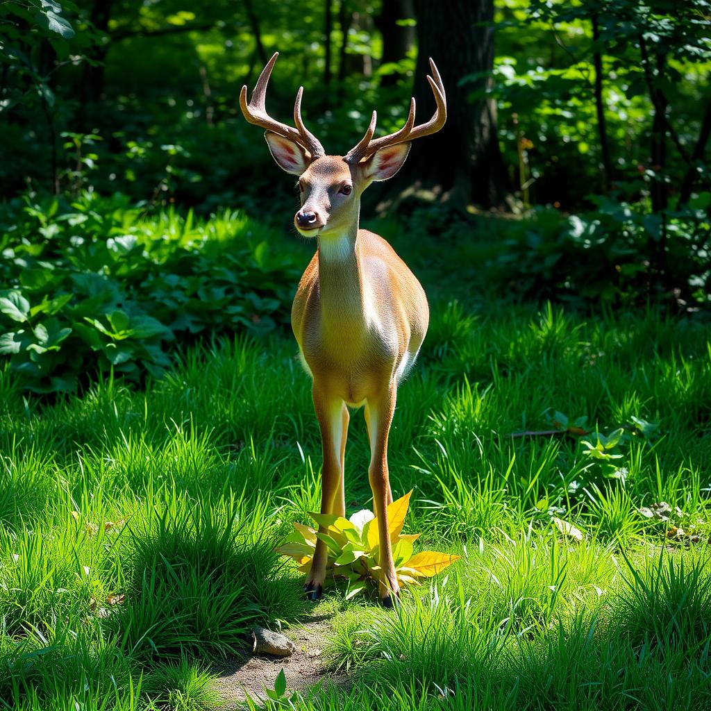 A serene scene featuring a graceful deer standing on lush green grass that perfectly matches the vibrant color of the leaves at its legs