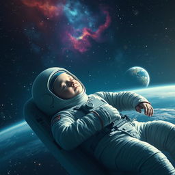 An astronaut peacefully sleeping in the tranquility of space, surrounded by twinkling stars and colorful nebulas