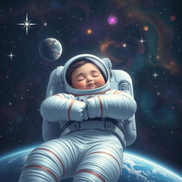 An astronaut peacefully sleeping in the tranquility of space, surrounded by twinkling stars and colorful nebulas